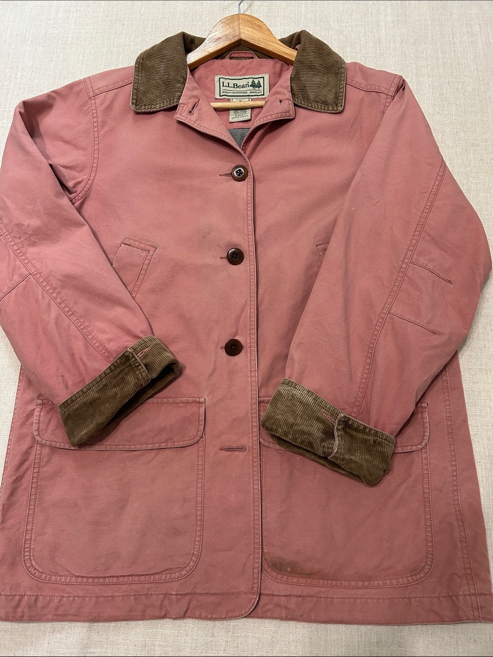 LLBean Chore Jacket Pink Canvas Barn Utility Brown Corduroy Collar Womens Medium - Picture 16 of 16